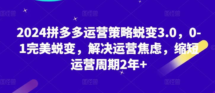 2024拼多多运营策略蜕变3.0，0-1完美蜕变，解决运营焦虑，缩短运营周期2年+_微雨项目网