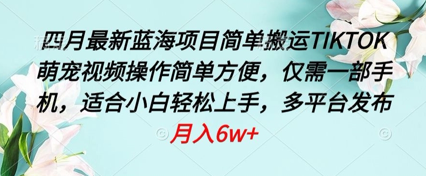 四月最新蓝海项目，简单搬运TIKTOK萌宠视频，操作简单方便，仅需一部手机【揭秘】_微雨项目网