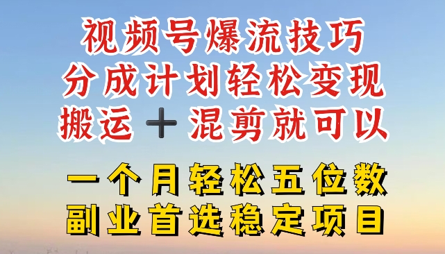视频号爆流技巧，分成计划轻松变现，搬运 +混剪就可以，一个月轻松五位数稳定项目【揭秘】_微雨项目网