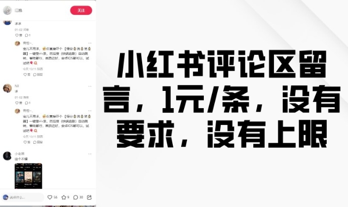 小红书评论区留言，1元条，没有要求，没有上限_微雨项目网
