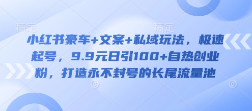 小红书豪车+文案+私域玩法，极速起号，9.9元日引100+自热创业粉，打造永不封号的长尾流量池_微雨项目网