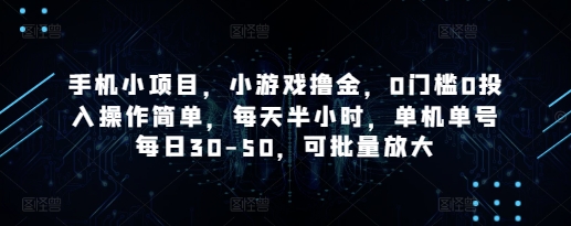 手机小项目，小游戏撸金，0门槛0投入操作简单，每天半小时，单机单号每日30-50，可批量放大_微雨项目网