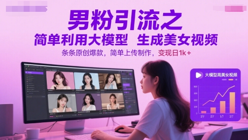 男粉引流之简单利用大模型生成美女视频，条条原创爆款，简单上传制作，变现日1k+_微雨项目网