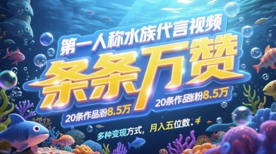 第一人称水族代言视频，条条万赞，20条作品涨粉7.8W，多种变现方式月入五位数_微雨项目网