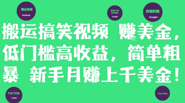 搬运搞笑视频挣美金，低门槛高收益，简单粗暴新手月入上千美刀_微雨项目网