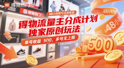 得物流量主分成计划独家原创玩法，48小时即可见到收益，单号收益5张，多号无上限【揭秘】_微雨项目网