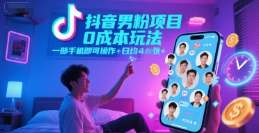 抖音男粉项目0成本玩法，一部手机即可操作，日均4张+，时间自由_微雨项目网