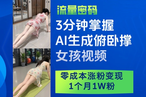 3分钟掌握AI生成俯卧撑女孩视频，零成本涨粉变现，1个月1W粉_微雨项目网