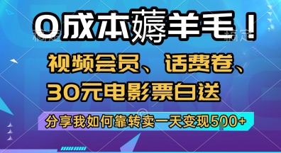 0成本薅羊毛!视频会员、话费卷、30元电影票白送，分享我如何靠转卖一天变现5张+【揭秘】_微雨项目网