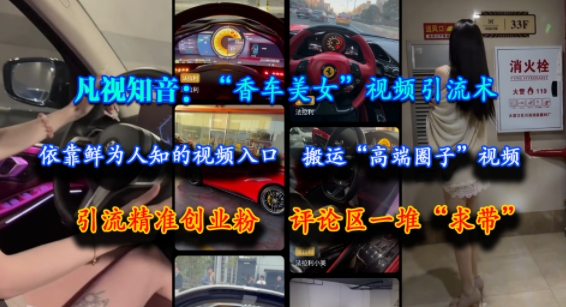 凡视知音：“香车美女”视频引流术，依靠鲜为人知的视频入口，搬运“高端圈子”视频，引流精准创业粉，评论区一堆“求带”_微雨项目网