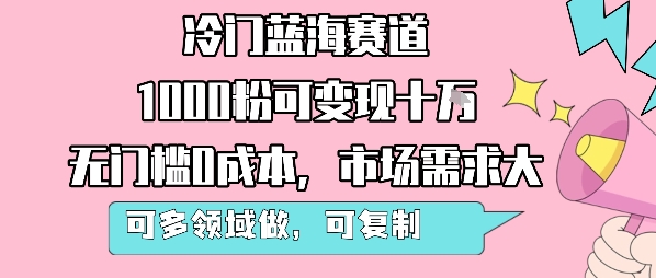 冷门蓝海赛道，1000粉可变现十W，无门槛0成本，市场需求大，可多领域做，可复制性强_微雨项目网