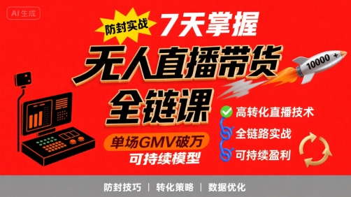 无人直播带货全链防封实战课，7天掌握高转化直播技术，实现单场GMV破万可持续模型_微雨项目网