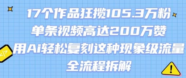 17个作品狂揽105.3W粉，单条视频高达200W赞，用Ai轻松复刻这种现象级流量!(全流程拆解)_微雨项目网