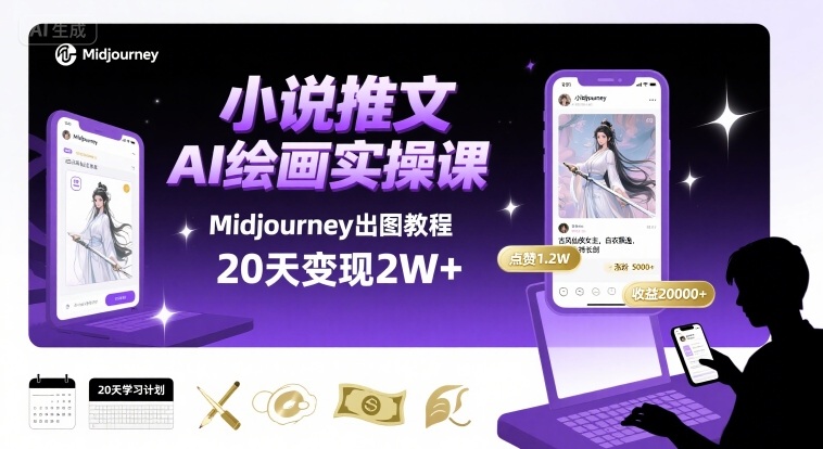 小说推文干货分享之AI绘画MJ出图实操课，用Midjourney做小说推文，20天挣2w_微雨项目网