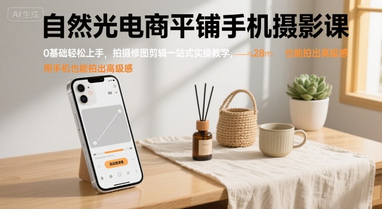 自然光电商平铺手机摄影课，0基础轻松上手，拍摄修图剪辑一站式实操教学，用手机也能拍出高级感_微雨项目网