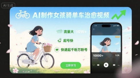 AI制作女孩骑单车治愈视频，流量大，起号快，快速起千粉万粉号_微雨项目网