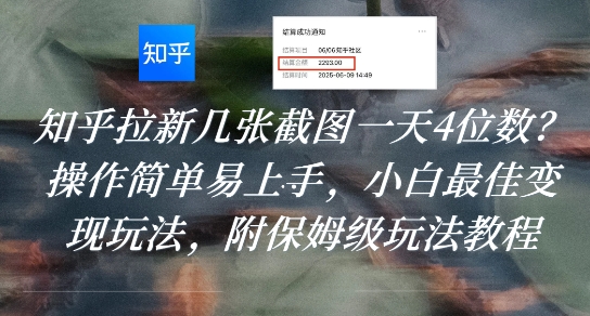 知乎拉新几张截图一天4位数？操作简单易上手，小白最佳变现玩法，附保姆级玩法教程_微雨项目网