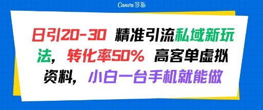 日引 20-30 精准引流私域新玩法，转化率50% 高客单虚拟资料，小白一台手机就能做_微雨项目网