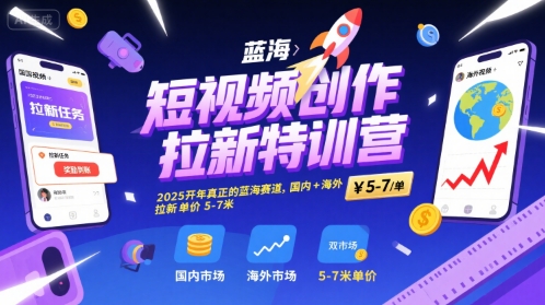 短视频创作拉新特训营，2025开年真正的蓝海赛道，国内+海外，拉新单价5-7米_微雨项目网