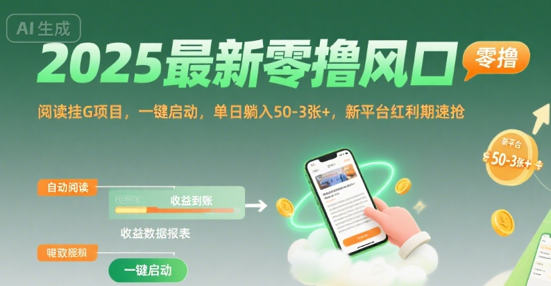 2025最新零撸风口，阅读挂G项目，一键启动，单日躺入 50-3张+，新平台红利期速抢【揭秘】_微雨项目网