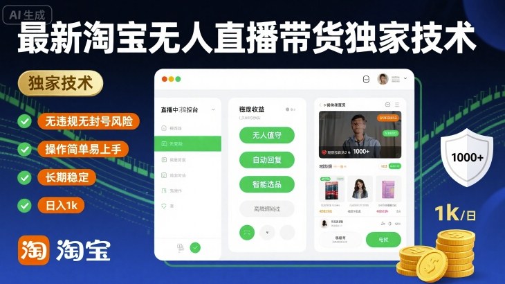 最新淘宝无人直播带货独家技术，无违规无封号风险，操作简单易上手，长期稳定日入1k【揭秘】_微雨项目网