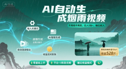 不用拍不用剪！AI自动生成烟雨视频，日入5张+，睡后收入_微雨项目网