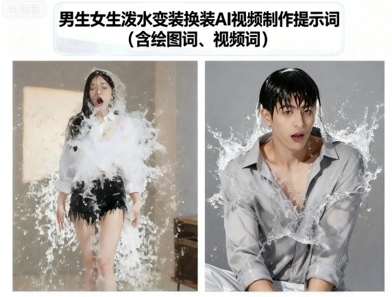男生女生泼水变装换装AI视频制作提示词(含绘图词、视频词)_微雨项目网