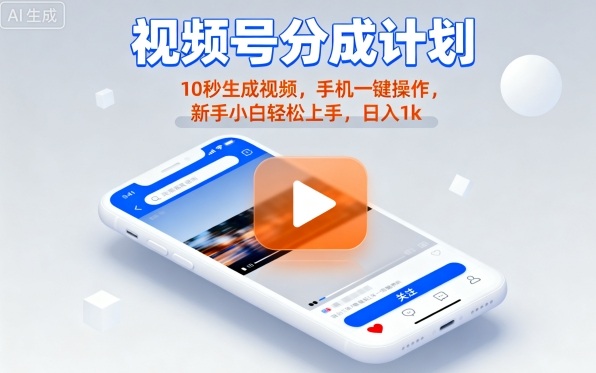 视频号分成计划懒人玩法，10秒生成视频，手机一键操作，新手小白轻松上手，日入1K【揭秘】_微雨项目网