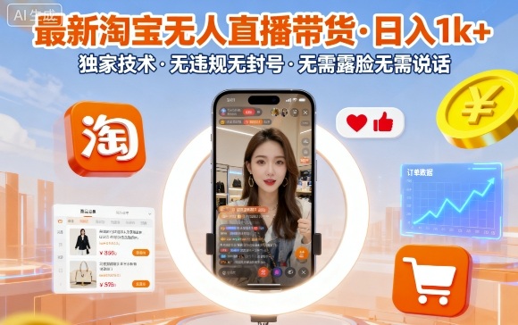 最新淘宝无人直播带货，日入1k+，独家技术，无违规无封号，无需露脸无需说话【揭秘】_微雨项目网
