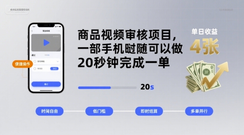 商品视频审核项目，一部手机随时随地都可以做，20秒钟完成一单，单日收益 4张【揭秘】_微雨项目网