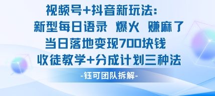 视频号加抖音新玩法：爆火新型每日语录，收徒教学加分成计划，三种变现玩法，当日变现7张_微雨项目网