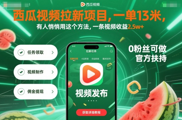 西瓜视频拉新项目，一单13米，有人悄悄用这个方法，一条视频收益2.5w+（附详细教程）_微雨项目网