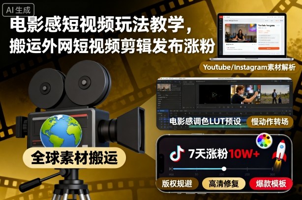 电影感短视频玩法教学,搬运外网短视频剪辑发布涨粉_微雨项目网