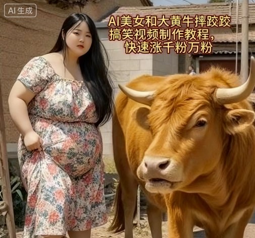 AI美女和大黄牛摔跤搞笑荒诞视频制作教程，快速涨千粉万粉_微雨项目网