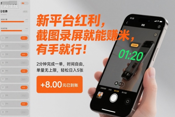 新平台红利,截图录屏就能賺米,有手就行!2分钟完成一单,时间自由,单量无上限,轻松日入5张【揭秘】_微雨项目网