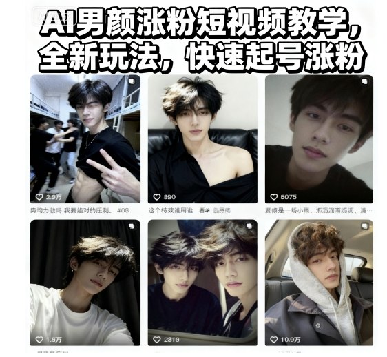 AI男颜涨粉短视频教学，全新玩法，快速起号涨粉_微雨项目网